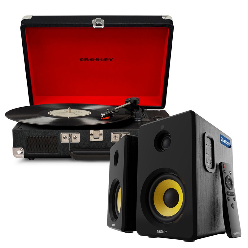 Crosley Cruiser Bluetooth Portable Turntable – Black + Bundled Majority D40X Bluetooth Speakers