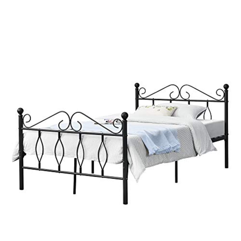 [en.casa] Struttura Letto in Metallo con Testiera e Pediera in Stile Romantico/Classico 120 x 200 cm Letto 1 Piazza e Mezza – Nero