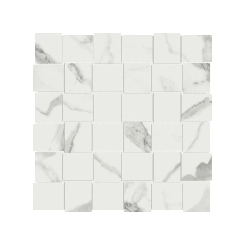 2″ x 2″ Basketweave Mayfair Statuario Venato Matte Porcelain Mosaics. 1 Sheet = .98 Sq. Ft. 2″ x