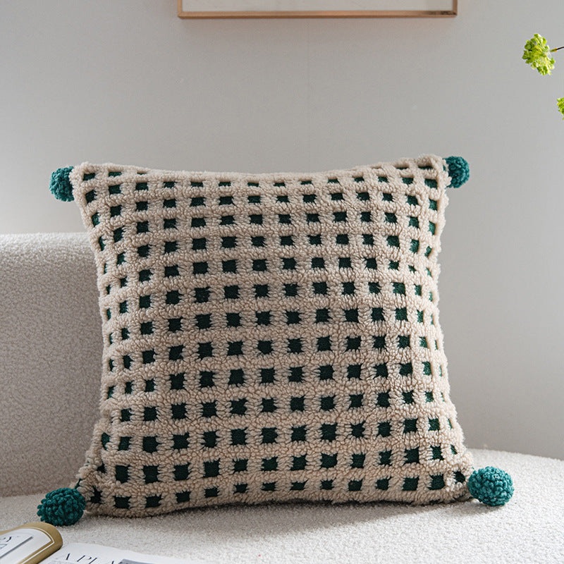 Beige and Green 3D Checkered Cushion Cover with Pom Poms – Soft Decorative Pillow Case for Sofa & Living Room (45x45cm, Cover Only)