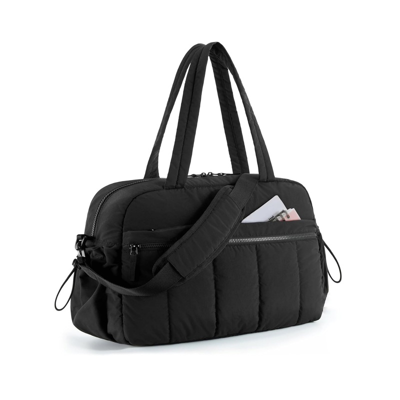 Black Large Capacity Quilted Travel Tote Bag – Waterproof Gym Duffel with Wet Pocket (42x19x30cm)