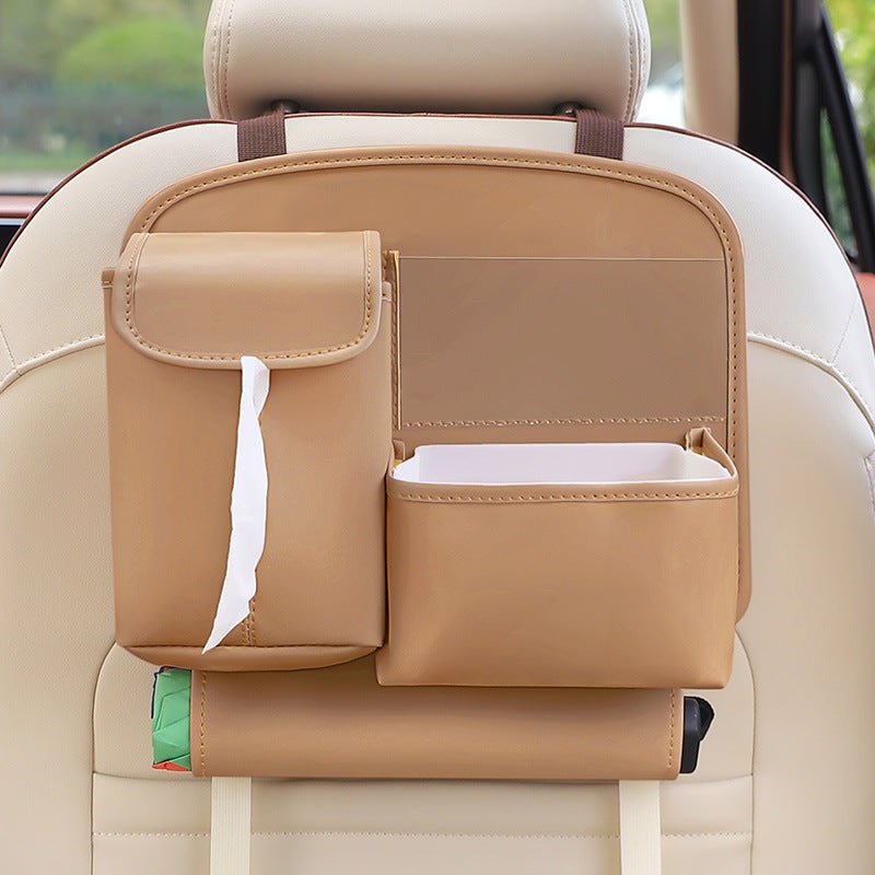 Brown Car Backseat Organizer with Multi-Pocket Storage and PP Trash Bin – 400g Lightweight PU Leather