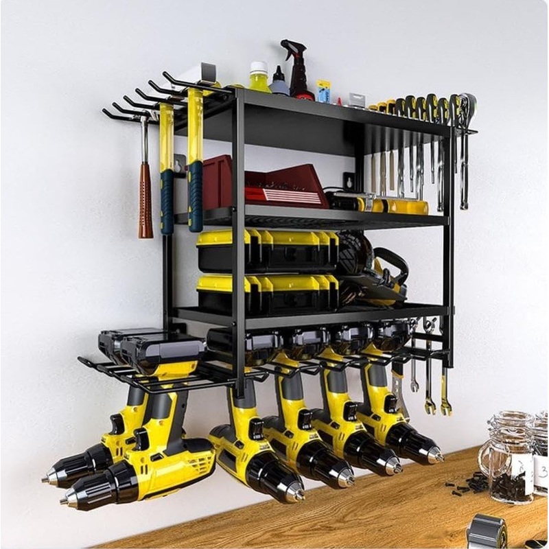 CARLA HOME 4-Tier Power Tool Rack Organizer Wall Mount with Drill Holder & Wrench Hooks for Cordless Tools & Workshop Organization