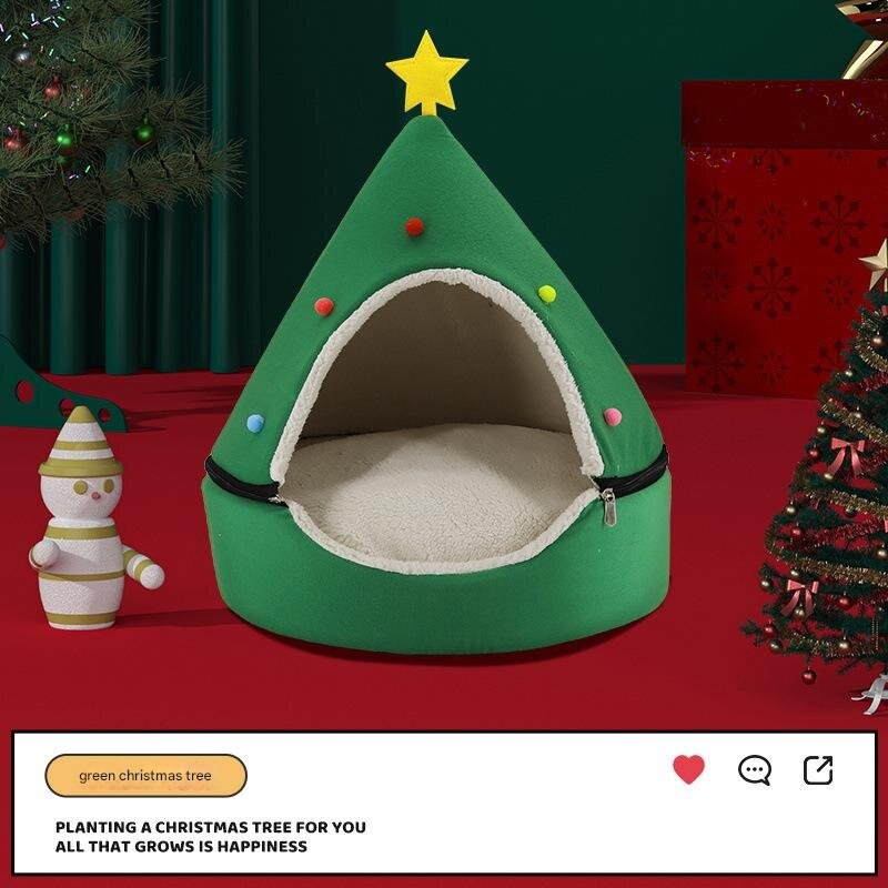 Festive Detachable Pet House – Cozy Green Christmas tree Design (S – 37x46cm)
