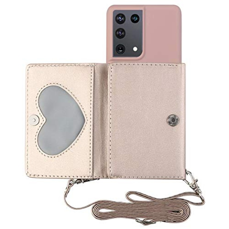 TYWZ Crossbody Case Cover per Samsung Galaxy S21 Ultra,PU Pelle Protettiva Borsa Portafoglio con Cinturino Titolare della Carta Funzione Stand-Rosa