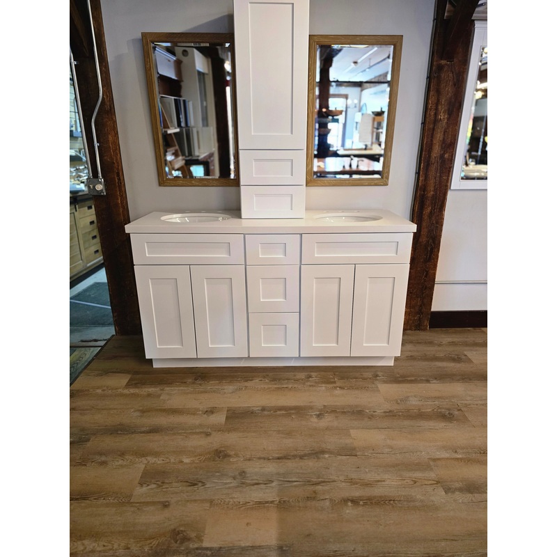 60″ Shaker White Double Vanity w/Storage Tower, Quartz Counter & Weathered Oak Mirrors