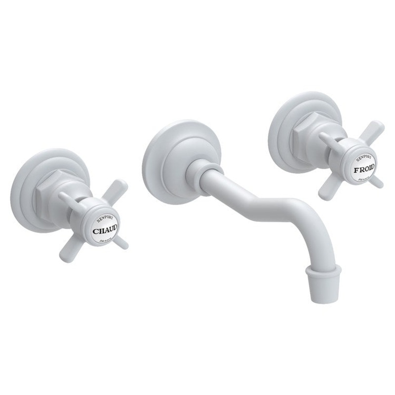 Lavatory Faucet Fairfield Wall Mount 8 Inch Spread 2 Cross ADA WaterSense Matte White 1.2 Gallons Per Minute Brass Less Drain Spout Reach 7-1/4 Inch