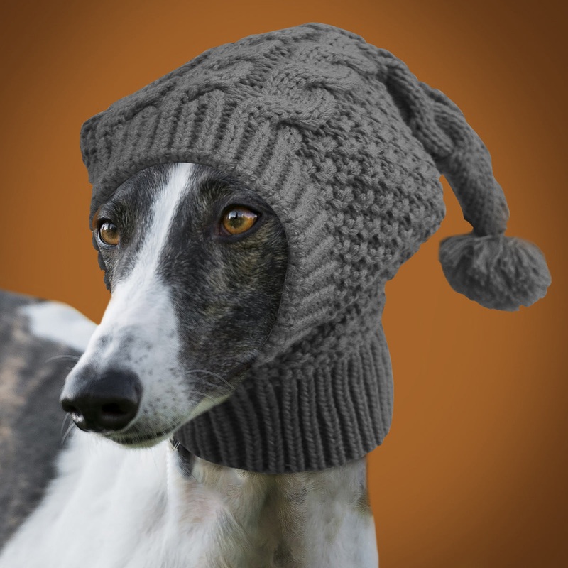 Size M Grey Whimsical Knit Dog Hat with Pom-Pom – Cozy Winter Pet Beanie & Snood