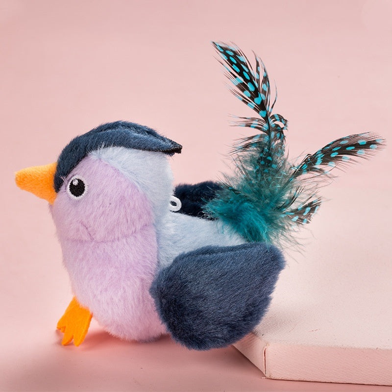 Interactive Plush Cat Toy – Lifelike Bird with Chirping Sounds and Feathers,Purple Gray