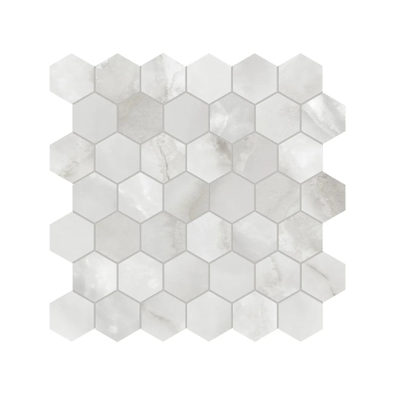 La Marca 2 Inch Hexagon Onyx Honed Porcelain Mosaics. 1 Sheet = .96 Sq. Ft. Nuvolato 2″
