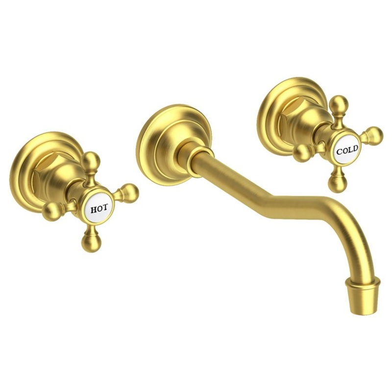 Lavatory Faucet Chesterfield Wall Mount 8 Inch Spread 2 Cross ADA WaterSense Satin Brass PVD 1.2 Gallons Per Minute Brass Less Drain Spout Reach 9-3/4 Inch