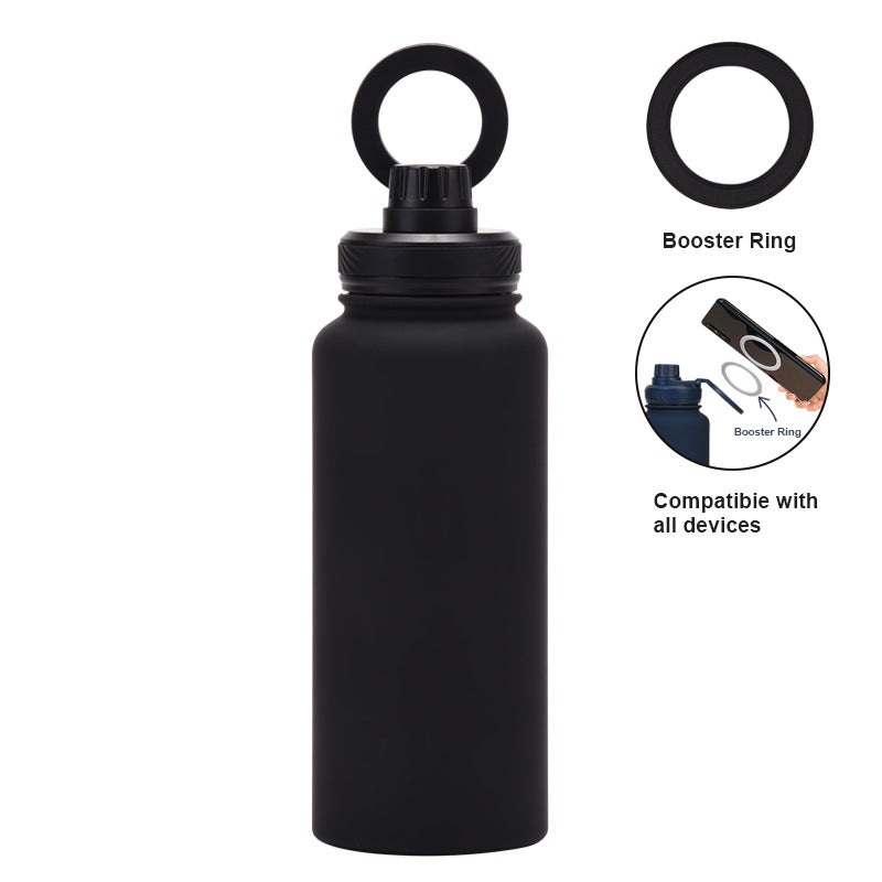 Black 1L Stainless Steel Water Bottle with Magnetic Phone Holder Lid – Portable Hydration & Hands-Free Stand