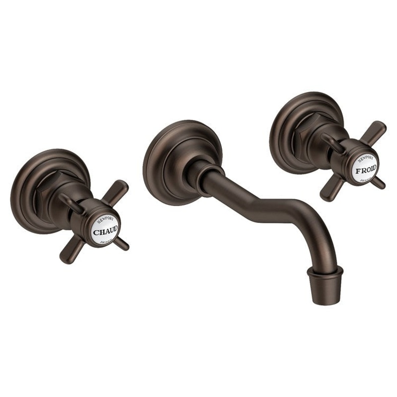 Lavatory Faucet Fairfield Wall Mount 8 Inch Spread 2 Cross ADA WaterSense English Bronze 1.2 Gallons per Minute Less Drain 3 Hole