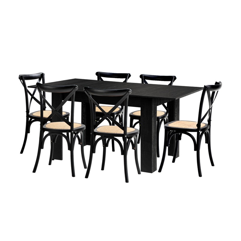 Oikiture 160cm Extendable Dining Table with 6PCS Dining Chairs Geometric Black