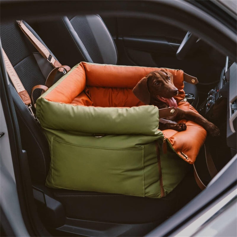 Green and Orange Premium Plush Pet Booster Car Seat – Portable Dog Travel Bed with Non-Slip Base