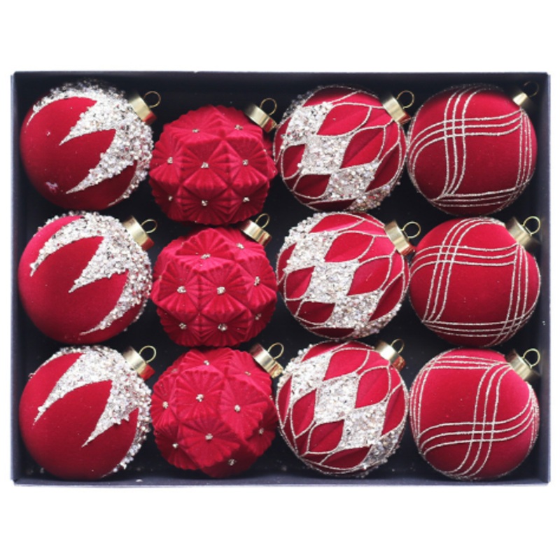 Red 12-Piece 8cm Christmas Bauble Set – Colorful Flocked Tree Ornaments